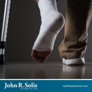 After an accident in Laredo, a personal injury victim walks with a bandaged foot and crutches