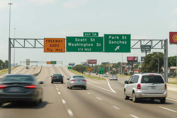 A daytime highway scene showing multiple vehicles, including sedans and an SUV, moving at high speed under overhead signs. The signs indicate “Freeway Ends 3/4 Mile,” “Scott St / Washington St 1/2 Mile,” and an exit for “Park St / Sanchez St.” The background includes billboards, trees, and clear skies.