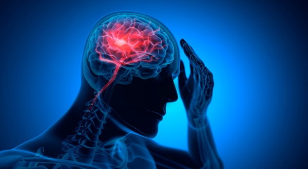 A medical 3D rendering of a human silhouette in profile, featuring a glowing red highlight on the brain and spinal cord to illustrate the internal impact of a traumatic brain injury after a rear-end accident in Laredo, TX.