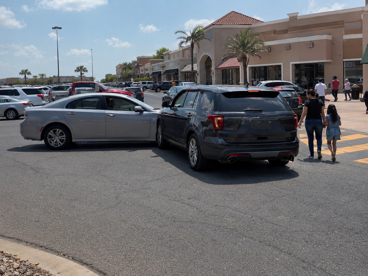 A silver sedan and a dark SUV are stopped following a minor T-bone collision in a busy commercial shopping center parking lot lane, while pedestrians walk on a nearby crosswalk under a bright, sunny sky.