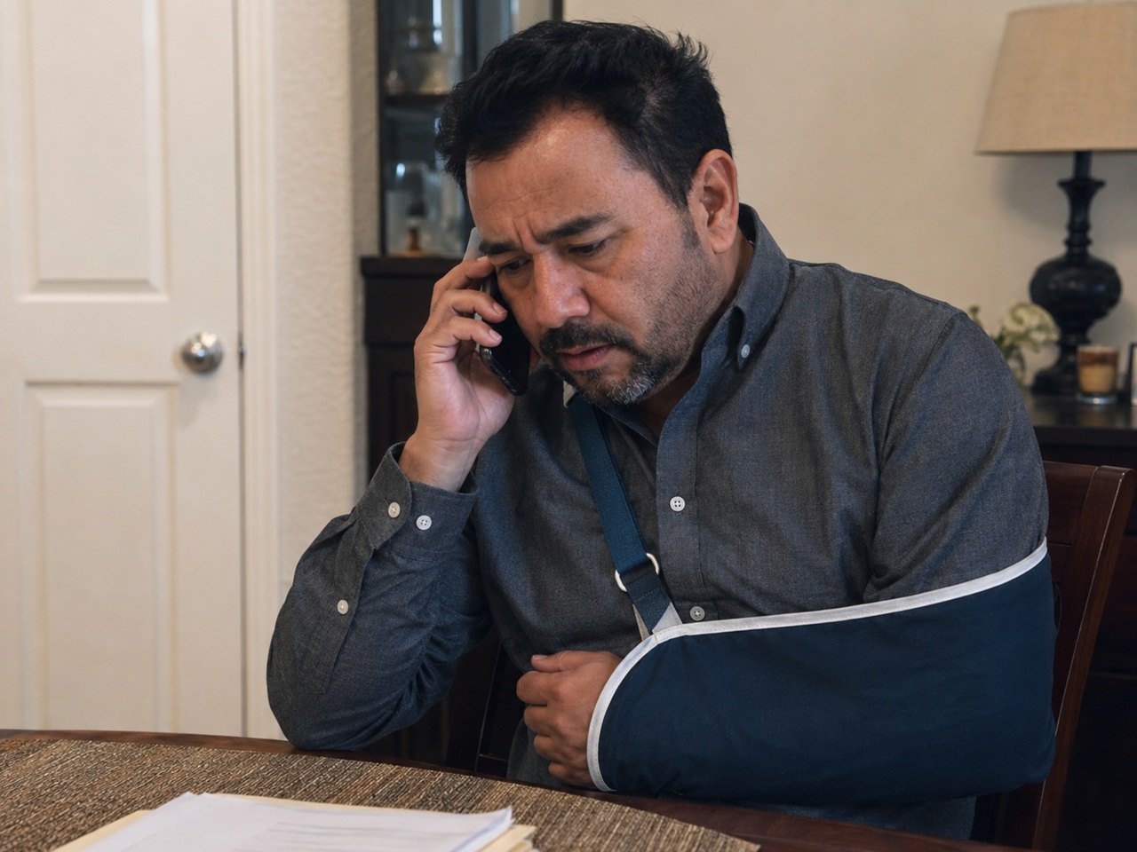 A middle-aged man wearing an arm sling sits at a kitchen table with paperwork, speaking on the phone with a worried expression, depicting a Texas car accident victim trying to navigate a claim after being hit and injured by a driver carrying Mexican auto insurance.