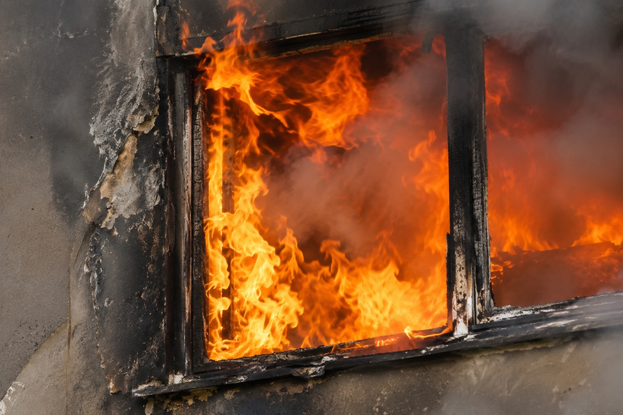 Flames and smoke pouring from a burning building window, illustrating the type of fire at issue for victims of the Laredo hotel fire and their potential injury claims.